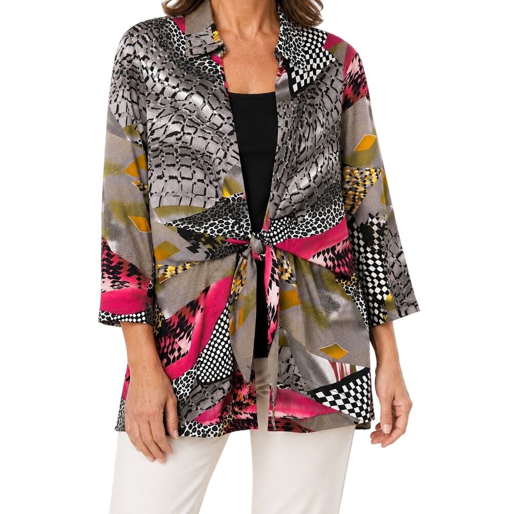Mishca Womens Medium Wearable Art Front Tie Artsy Pink Jacket Blouse Shirt Top